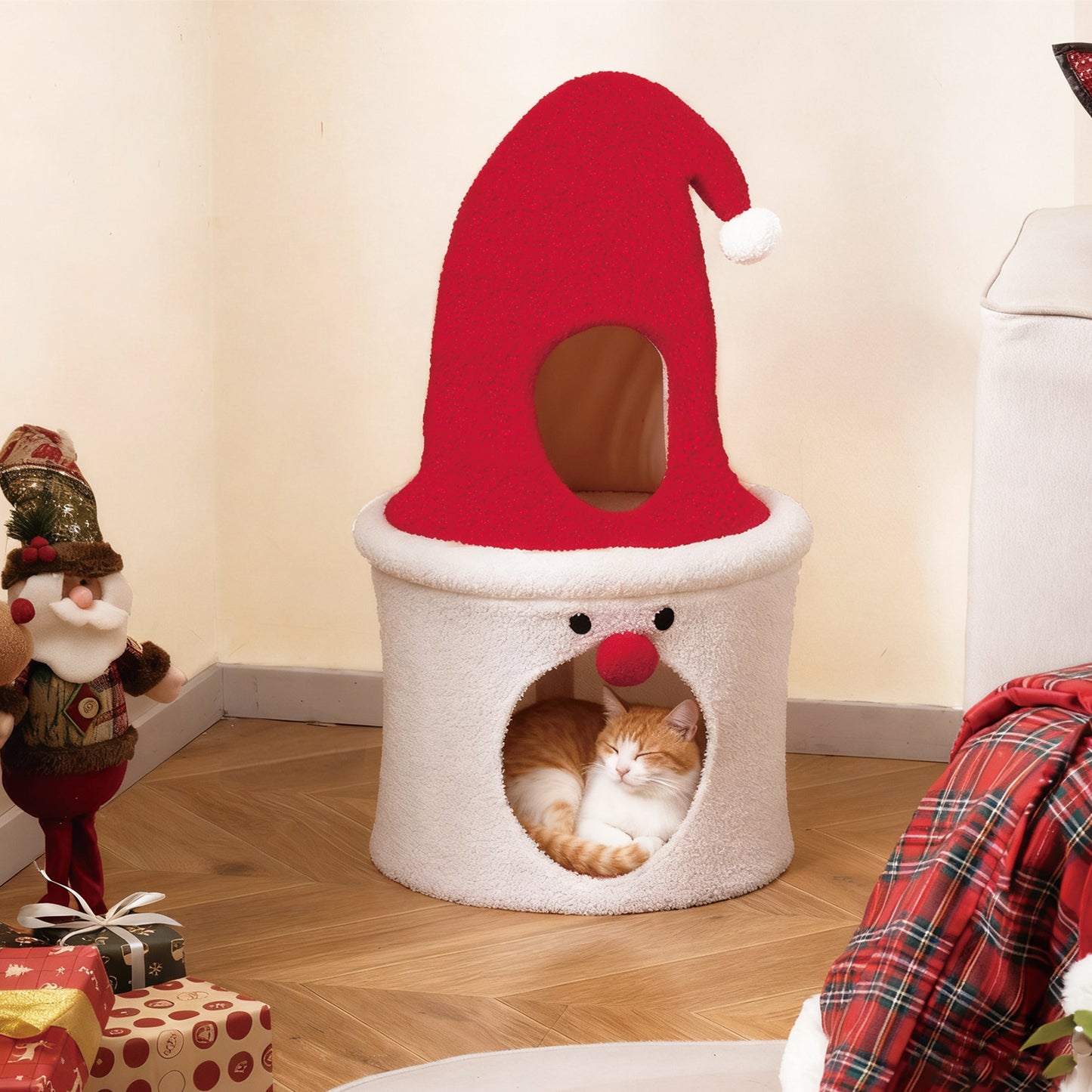 75CM Modern Cute Cat Tower with Enclosed Padded Top Perch and Condo-White & Red