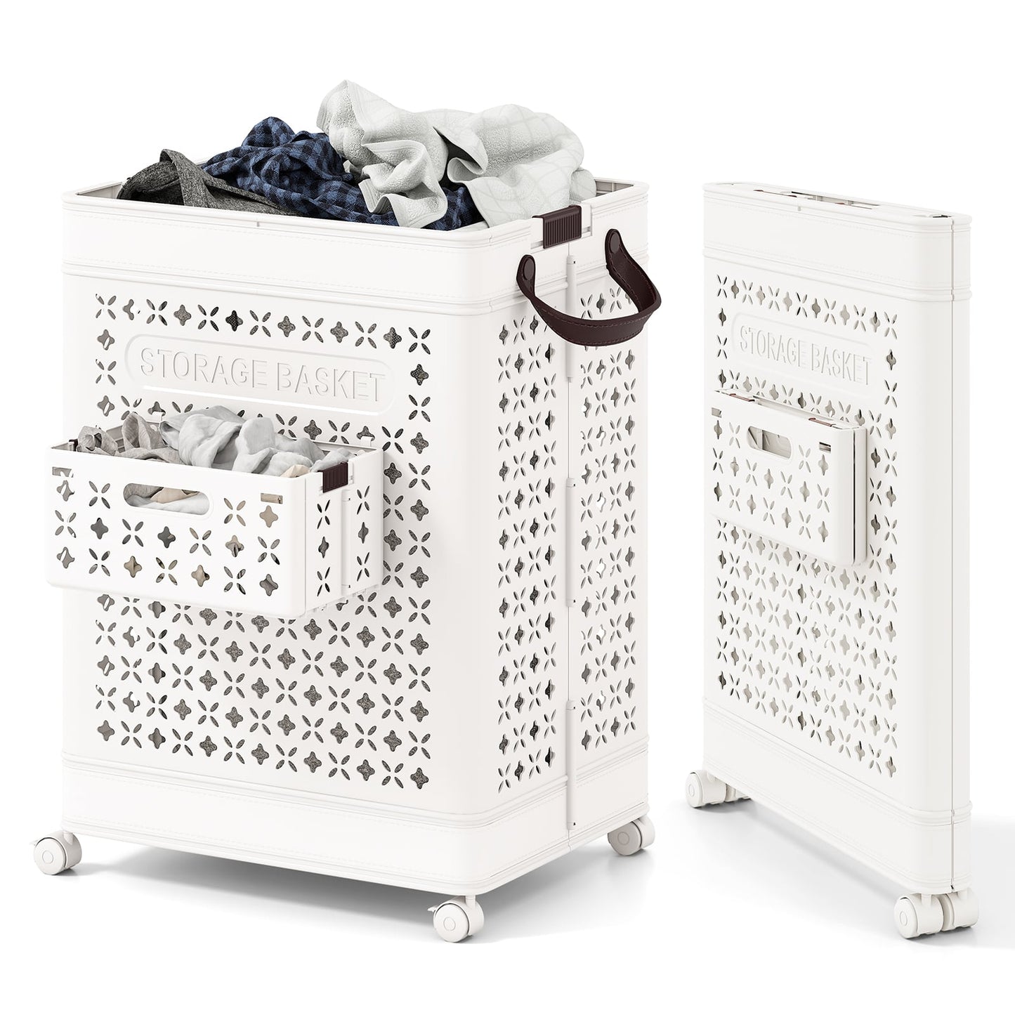 75 L Collapsible Laundry Basket with Underwear Basket and Handles-White