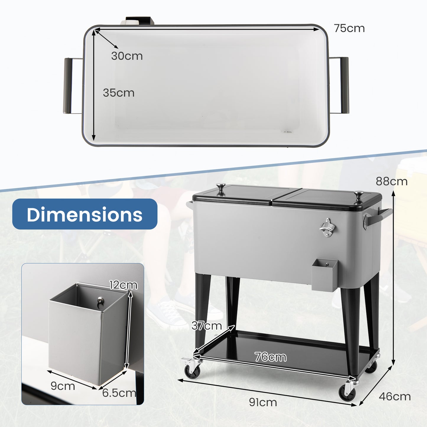 75 L Portable Patio Rolling Ice Chest with Bottom Storage Shelf-Grey