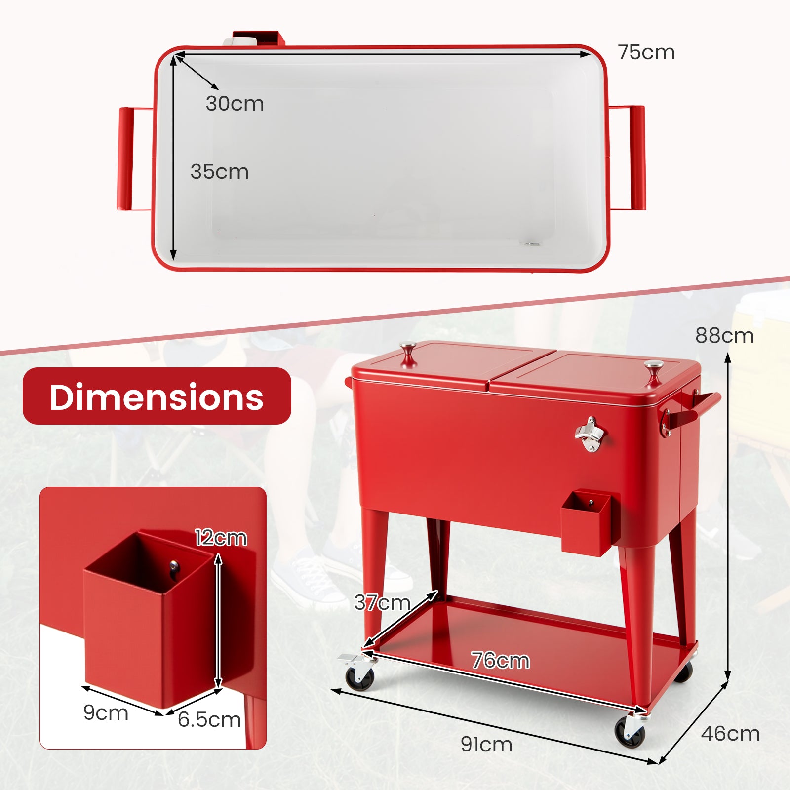 75 L Portable Patio Rolling Ice Chest with Bottom Storage Shelf-Red