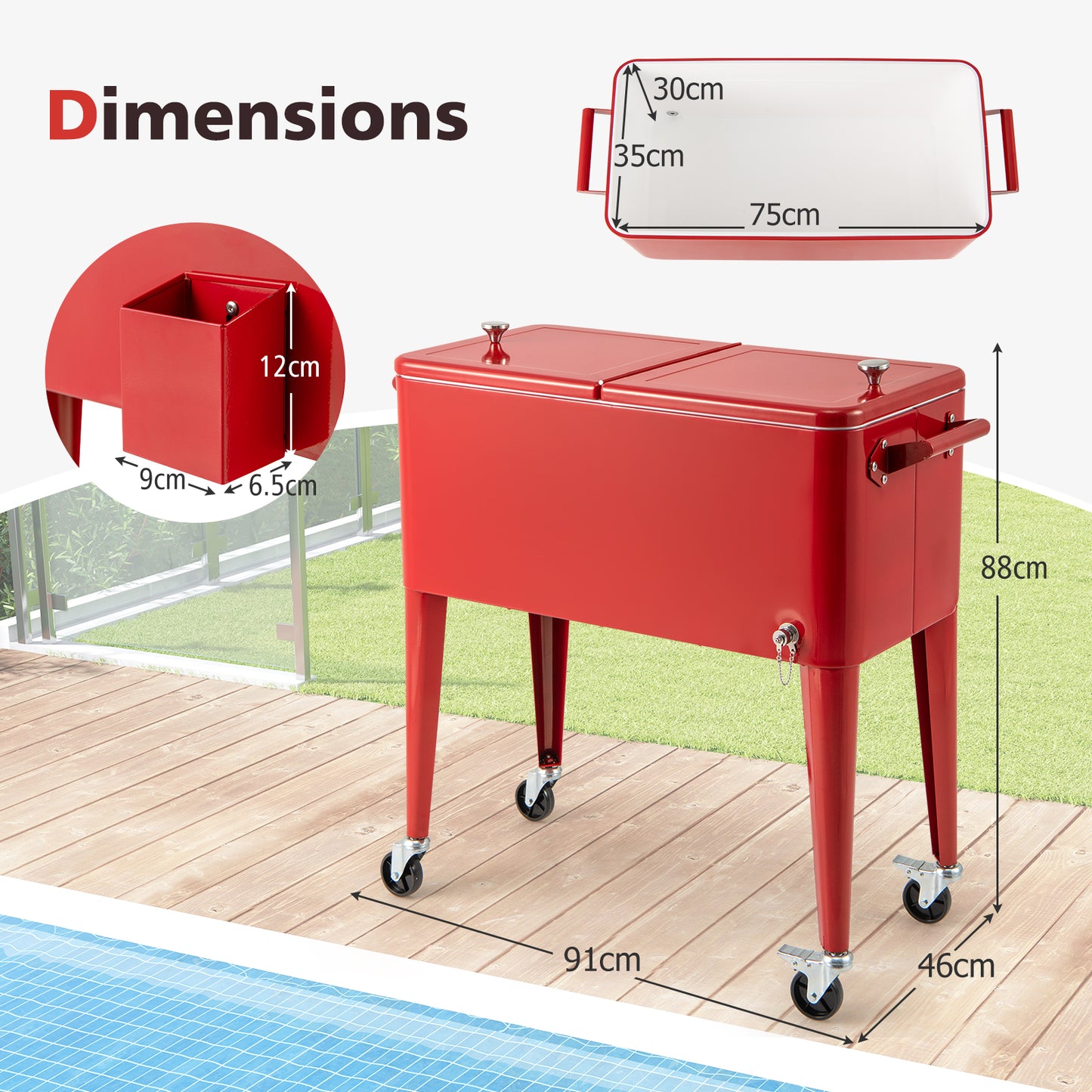 75 L Rolling Ice Chest Portable Patio Cooler on Wheels Outdoor Drink Beverage Cooler Cart-Red