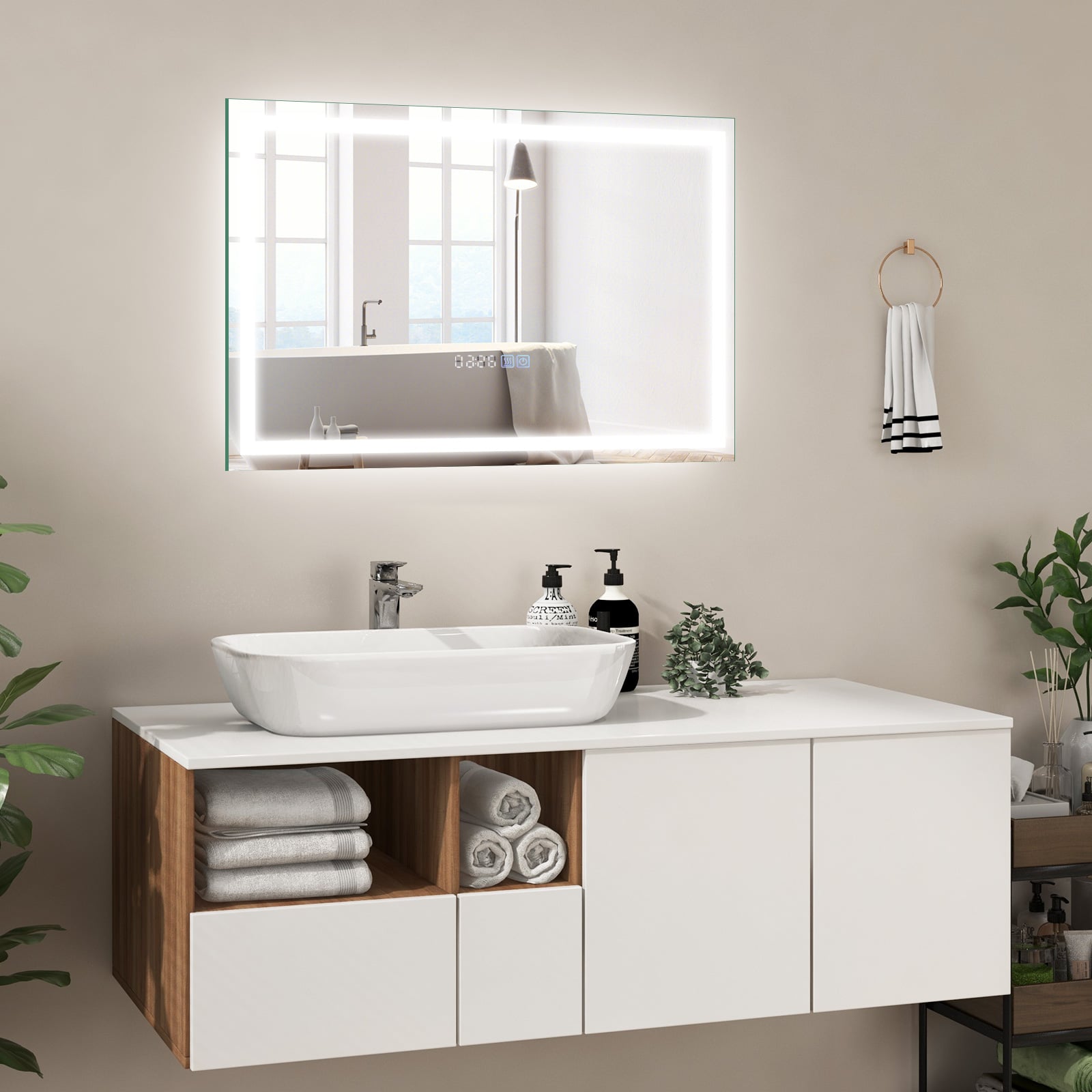 75 x 50 CM LED Wall Mounted Rectangle Mirror with 3-Color Dimmable Lights