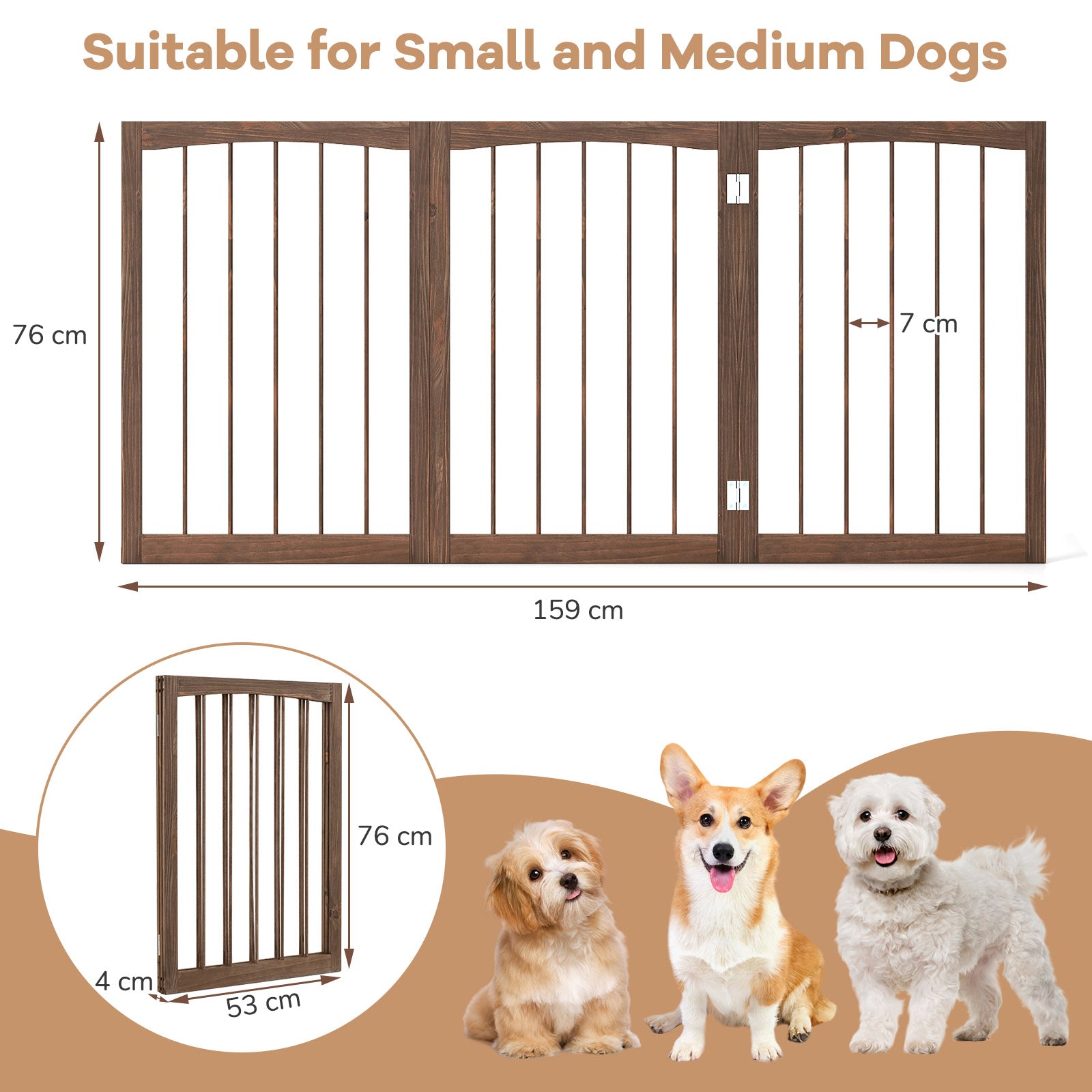 76 CM Tall Pet Gate Wooden Dog Fence 3-Panel Room Divider Barrier-Brown