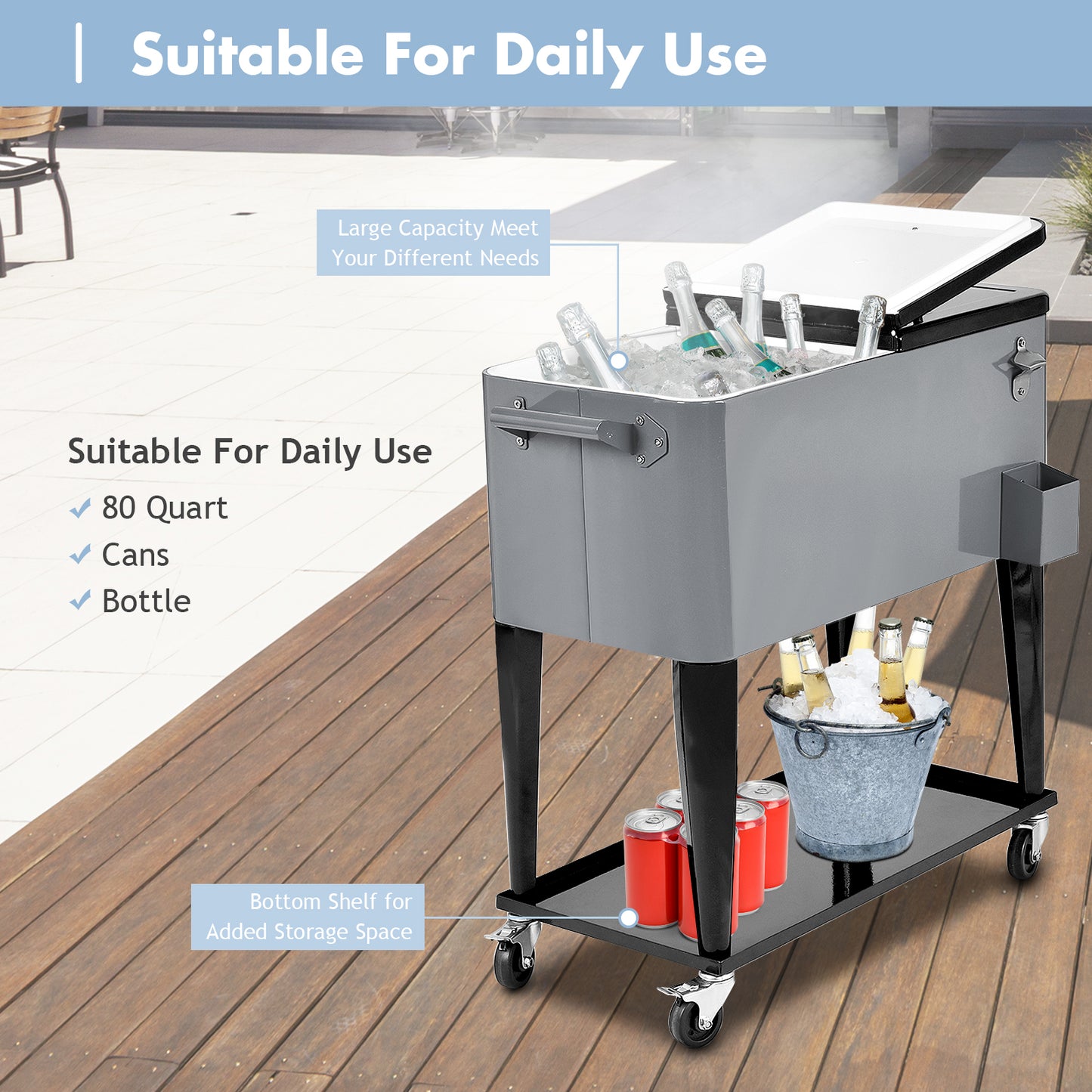 76 litre Outdoor Ice Rolling Cooler Cart-Silver