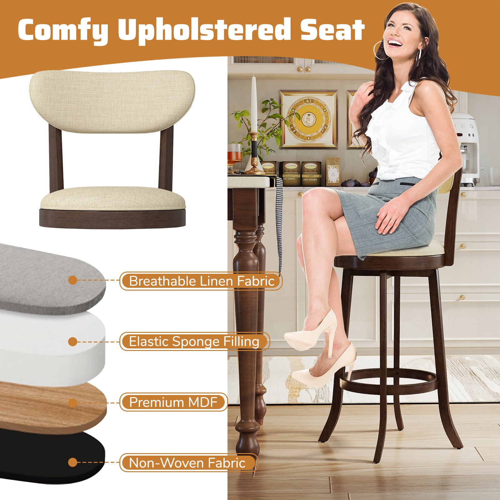 64/77CM Counter Height Chairs Set of 2 with Padded Seat and Backrest-Brown-Size 2