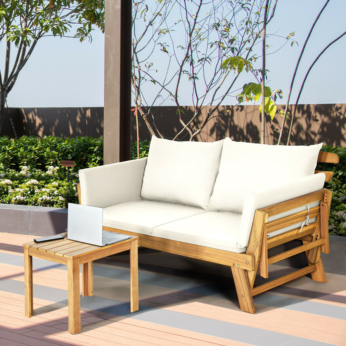3 in 1 Convertible Cushioned Loveseat Lounger Couch with Pillows-White