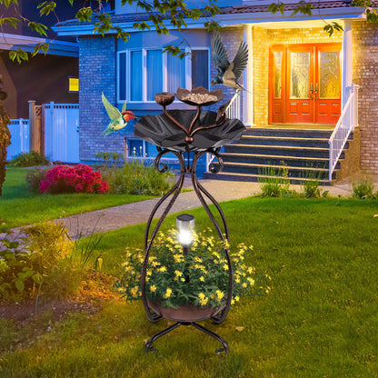79 cm Solar Outdoor Bird Bath with Flower Planter Base and LED Light-Bronze