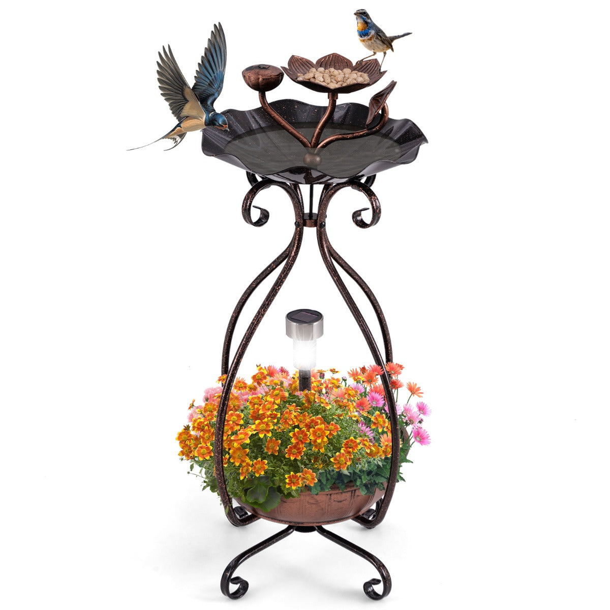 79 cm Solar Outdoor Bird Bath with Flower Planter Base and LED Light-Bronze