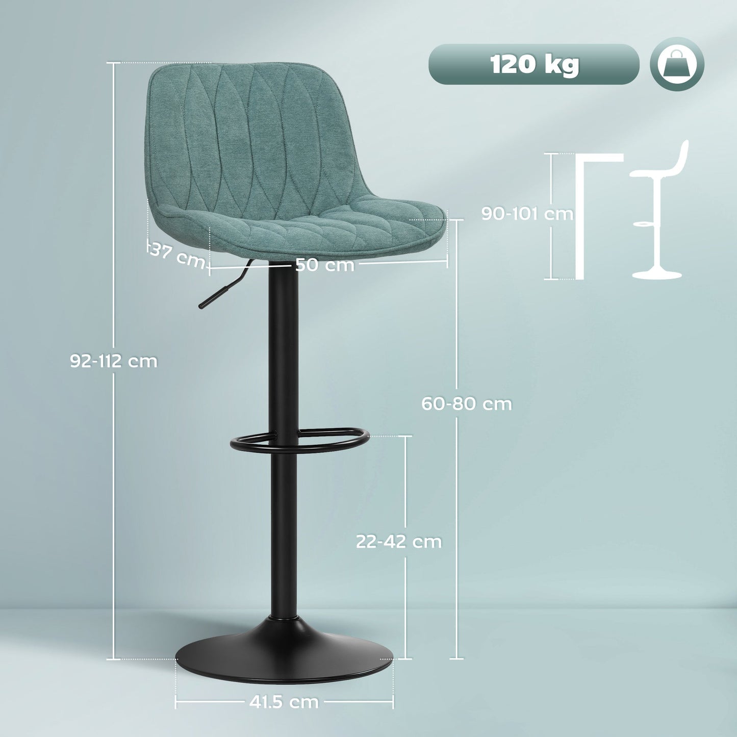 HOMCOM Set of Two Linen-Look Bar Stools - Blue