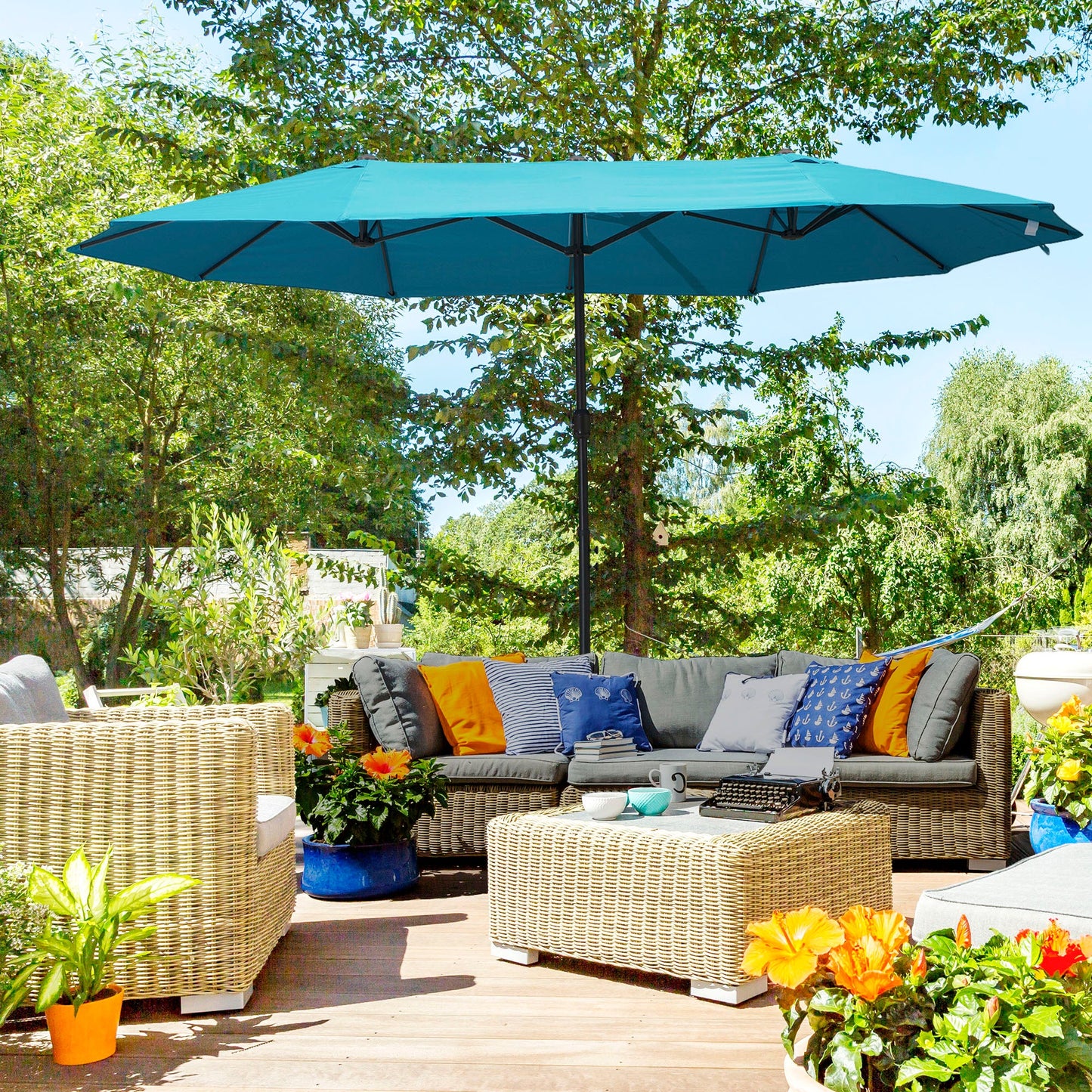 Outsunny 4.6m Double Garden Parasol - Sky Blue