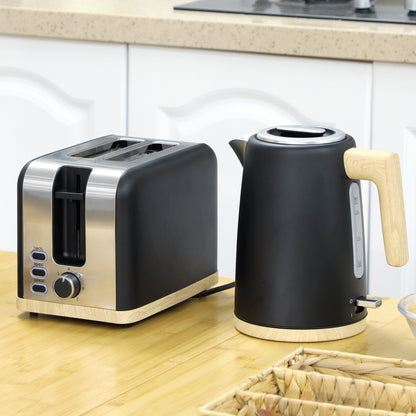 HOMCOM Stainless Steel Kettle and Toaster Set, 1.7L 3000W Fast Boil Kettle & 2 Slice Toaster Kitchen Set with 7 Level Browning Controls, Defrost, Reheat, Auto Off, Boil-dry Protection, Black