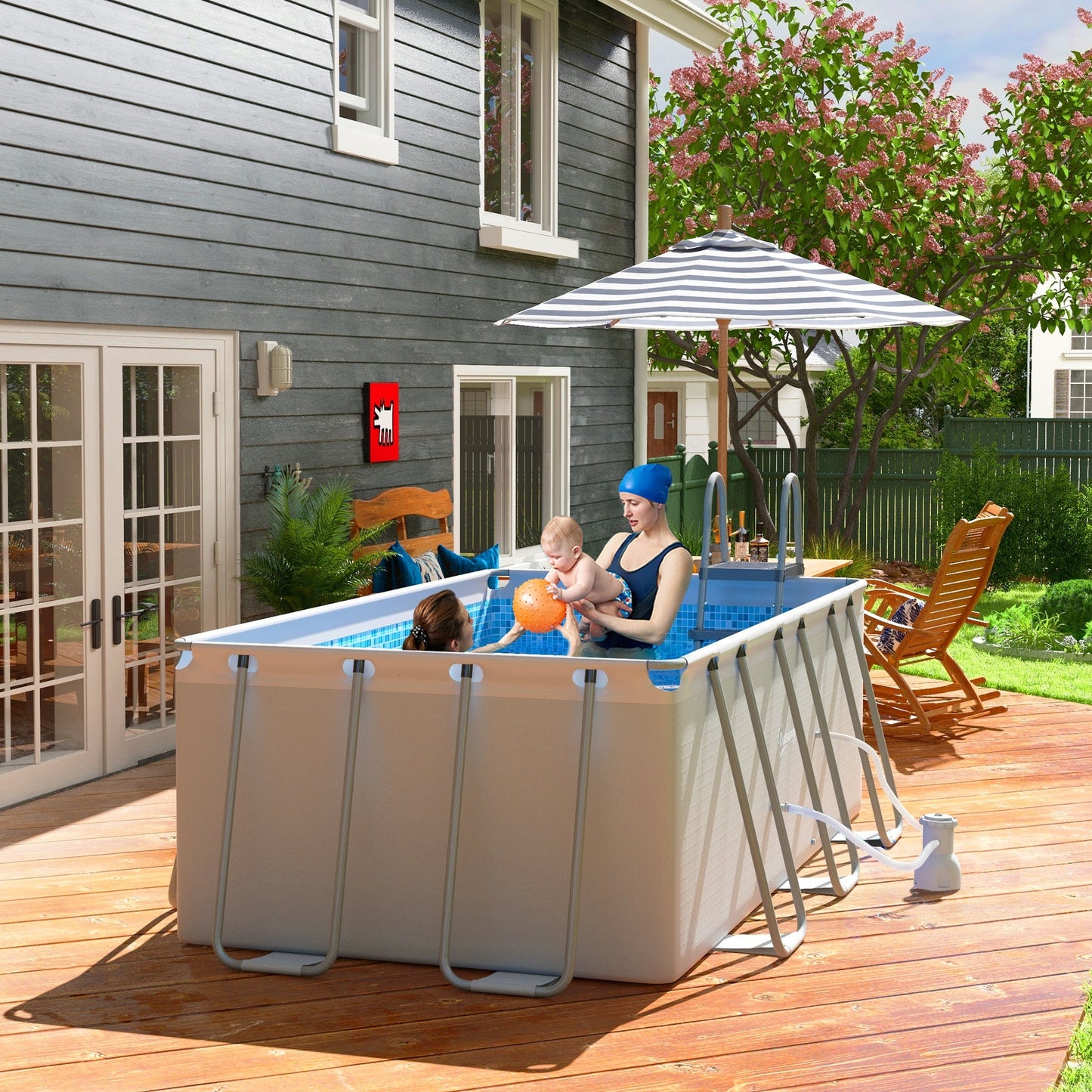 Outsunny Rectangle Steel Frame Swimming Pool with Ladder and Pump - Grey