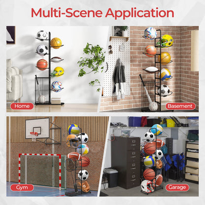7-Tier Ball Storage Rack with Removable Hanging Rods and Side Basket