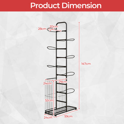 7-Tier Ball Storage Rack with Removable Hanging Rods and Side Basket