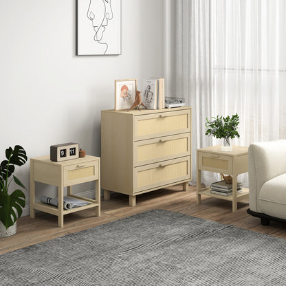HOMCOM Chest of Drawer and Nightstands, Boho Rattan Furniture Set, Nature Wood Finish