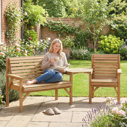 Outsunny Wooden Garden Furniture Set , 1 Chair, 1 Bench and Detachable Table, Natural Wood Finish