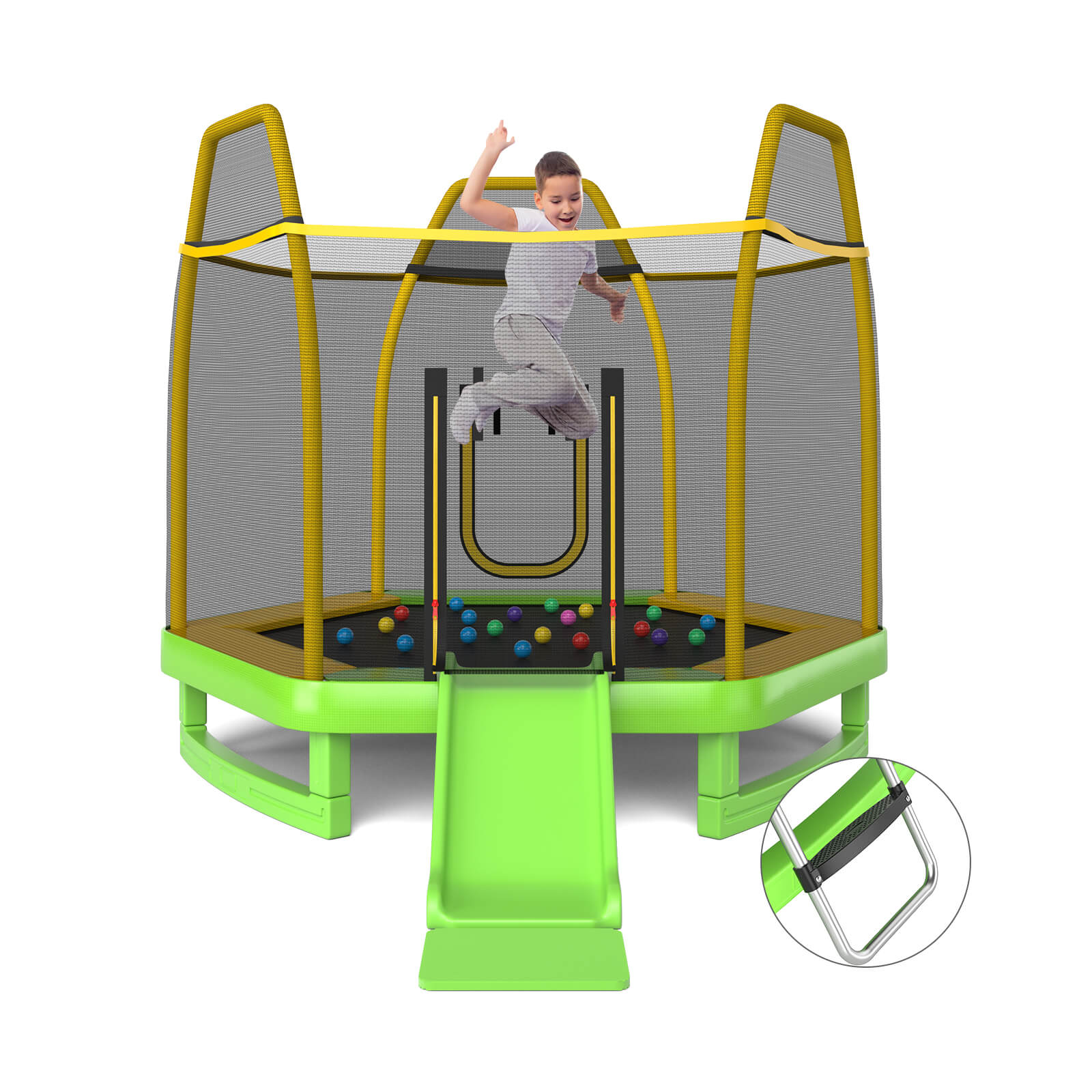 7 Feet Hexagonal Trampoline with Slide and Safety Enclosure Net-Green