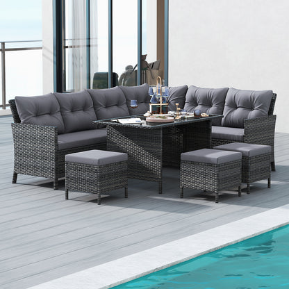 7 Pieces Patio Dining Furniture Set Outdoor PE Rattan Sectional Sofa Set-Grey