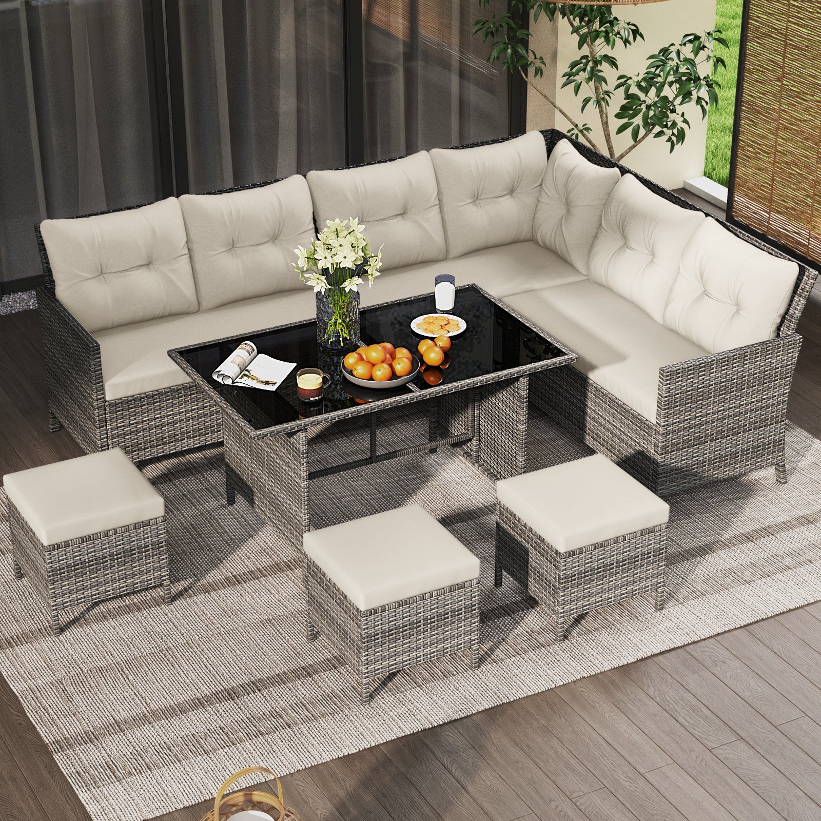 7 Pieces Patio Dining Furniture Set Outdoor PE Rattan Sectional Sofa Set-Off White