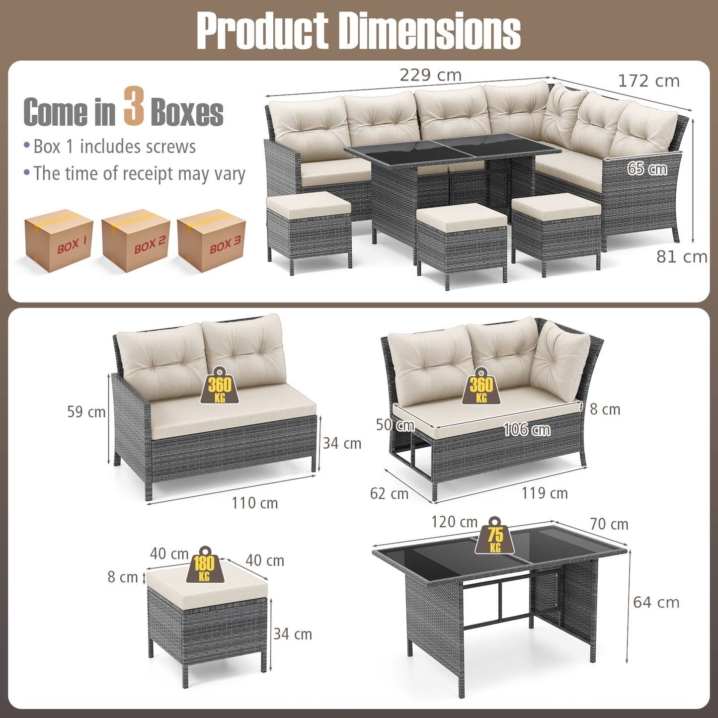 7 Pieces Patio Dining Furniture Set Outdoor PE Rattan Sectional Sofa Set-Off White
