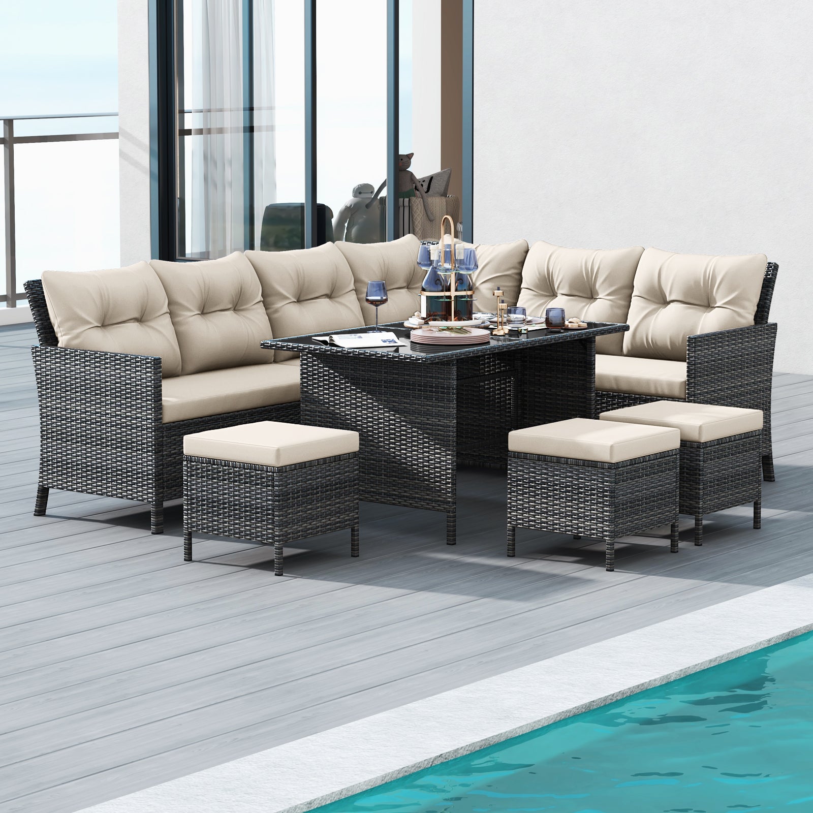 7 Pieces Patio Dining Furniture Set Outdoor PE Rattan Sectional Sofa Set-Off White