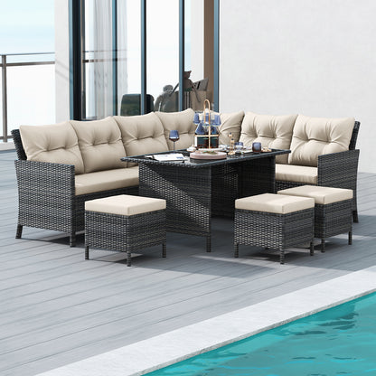 7 Pieces Patio Dining Furniture Set Outdoor PE Rattan Sectional Sofa Set-Off White