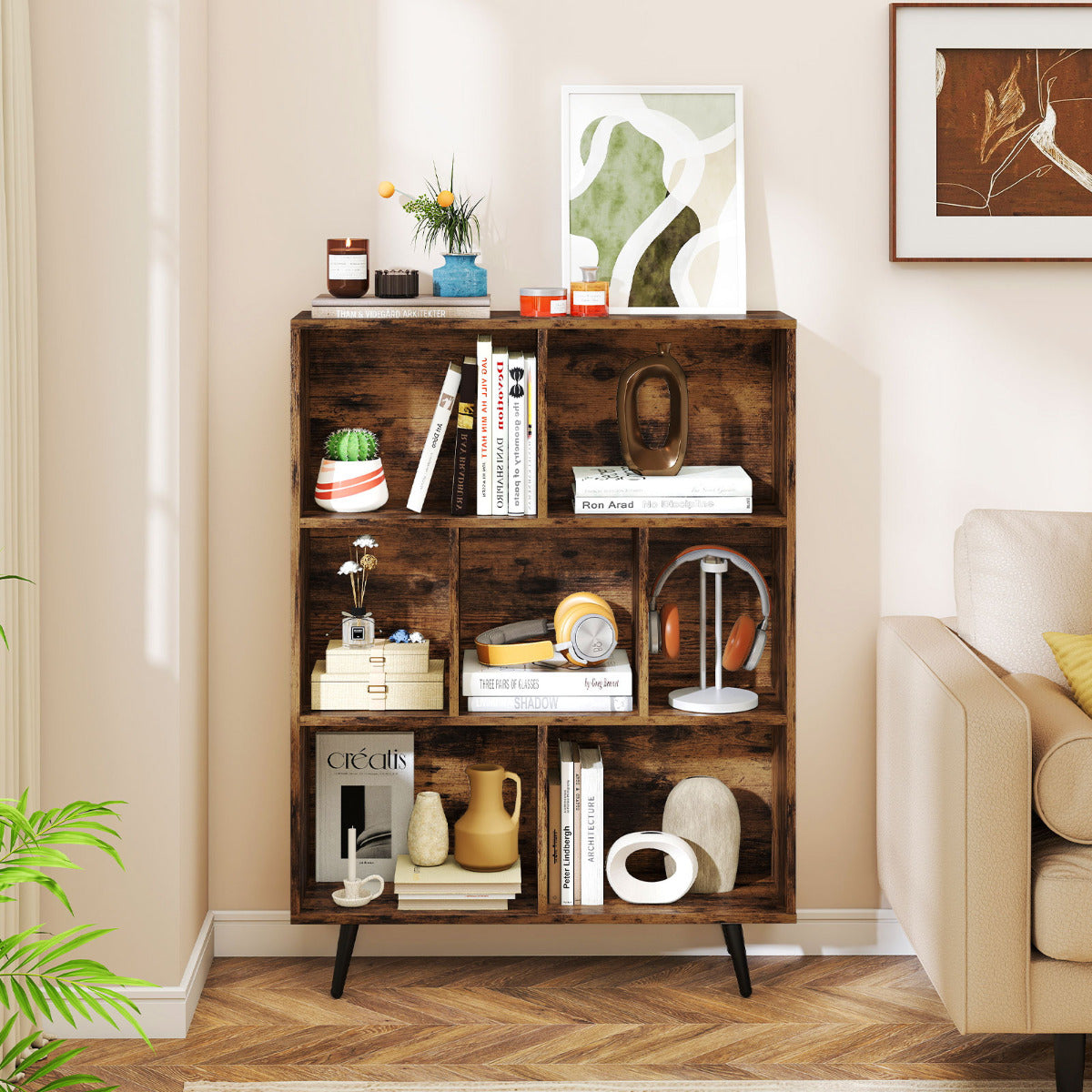 7-Cube Bookcase Mid Century Modern Storage Organizer with 4 Tapered Metal Legs-Coffee