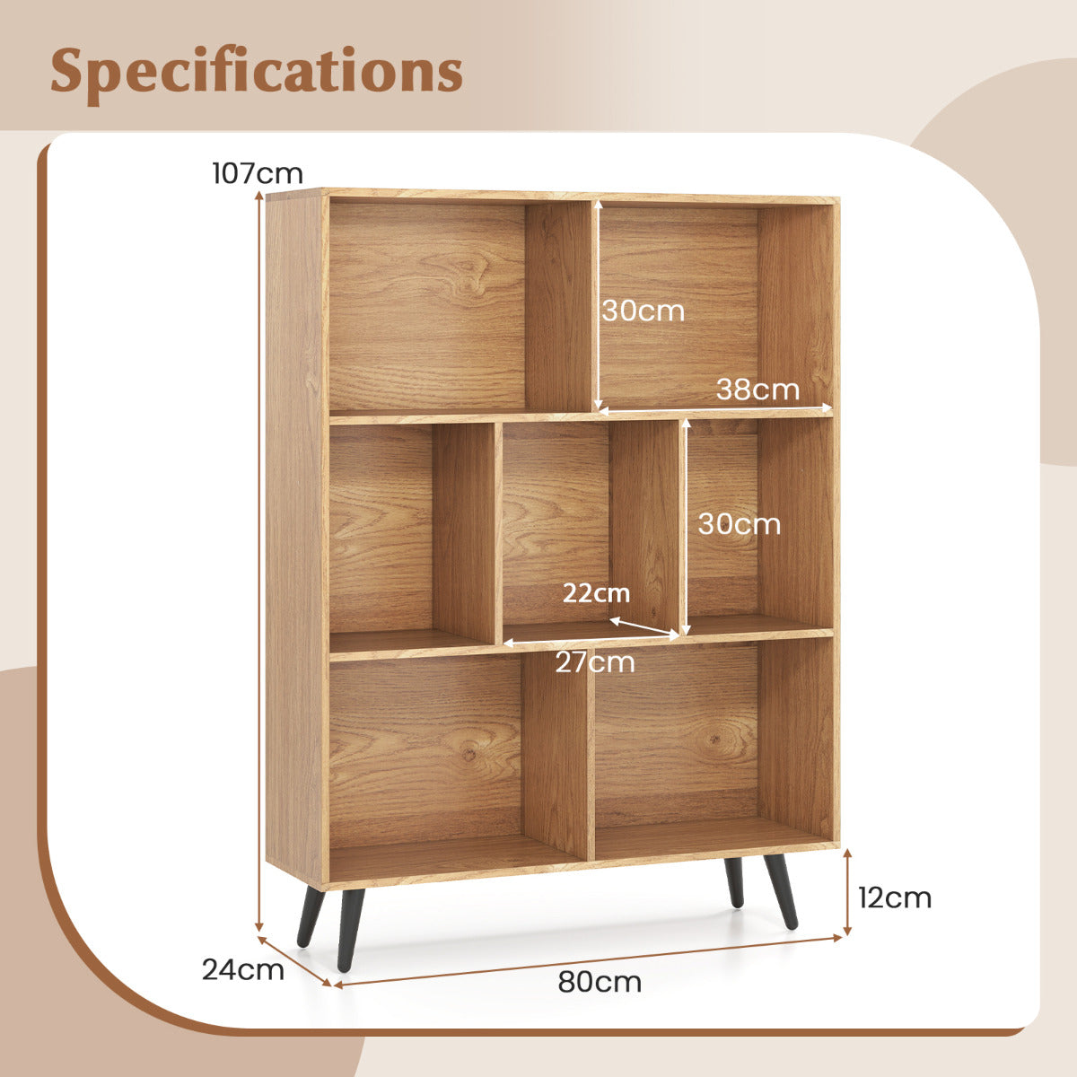 7-Cube Bookcase Mid Century Modern Storage Organizer with 4 Tapered Metal Legs-Natural