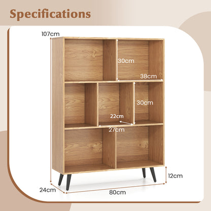 7-Cube Bookcase Mid Century Modern Storage Organizer with 4 Tapered Metal Legs-Natural