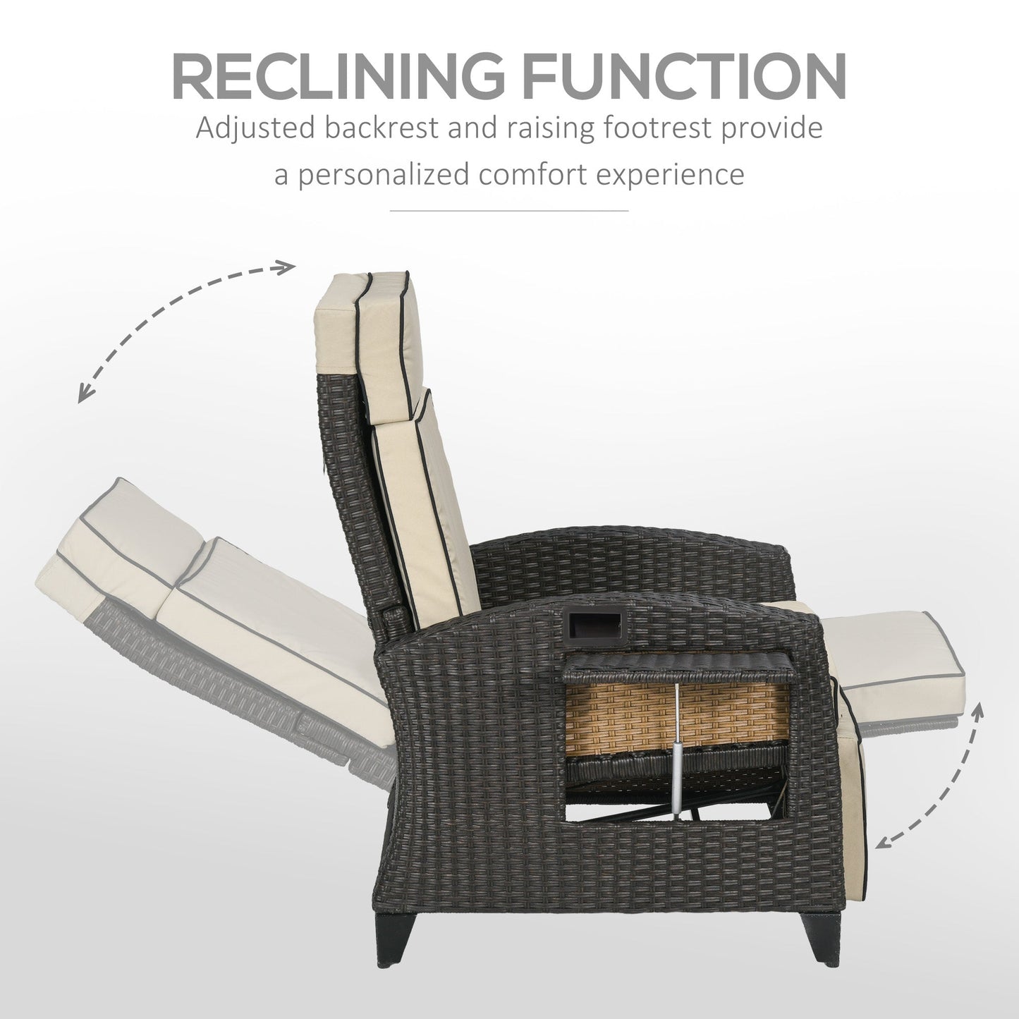 Outsunny Outdoor Recliner Chair with Adjustable Backrest and Footrest, Cushion, Side Tray, Khaki/Brown