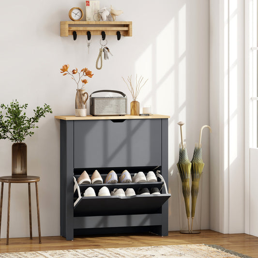 HOMCOM Slim Shoe Cabinet, Narrow Shoe Cupboard with 2 Flip Drawers, Adjustable Shelves for 12 Pairs of Shoes, Charcoal Grey