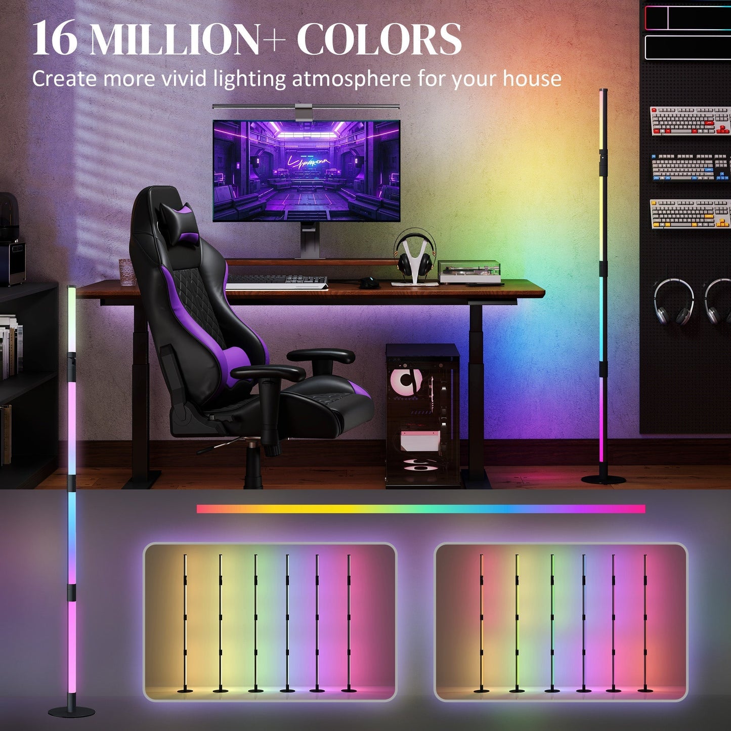 HOMCOM LED Floor Lamp, 360 RGB Detachable Corner Floor Lamp with App & Remote Control, Colour Changing Standing Lamp with Music Sync & Timing, for Living Room, Game Room, Dark Grey