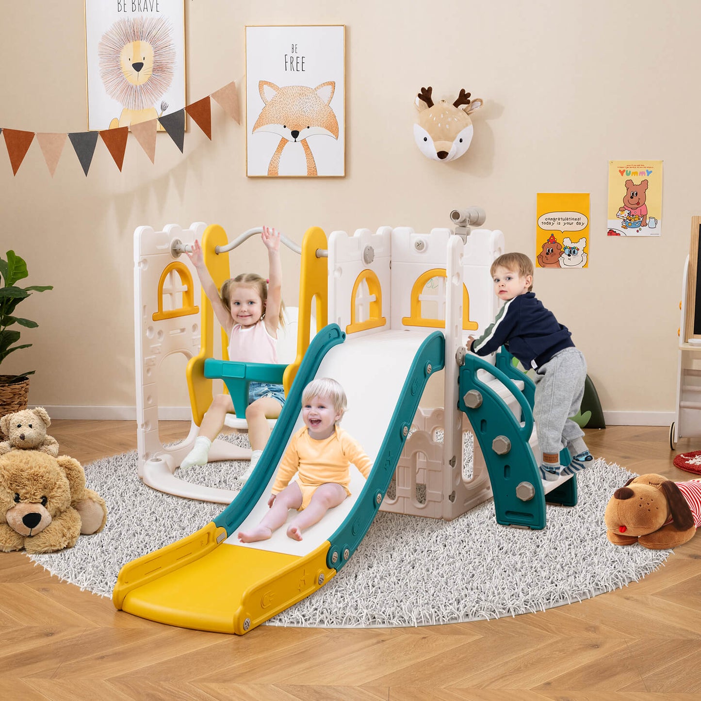 7-in-1 Toddle Slide Set with Swing Seat and Basketball Hoop and Ladder-Yellow