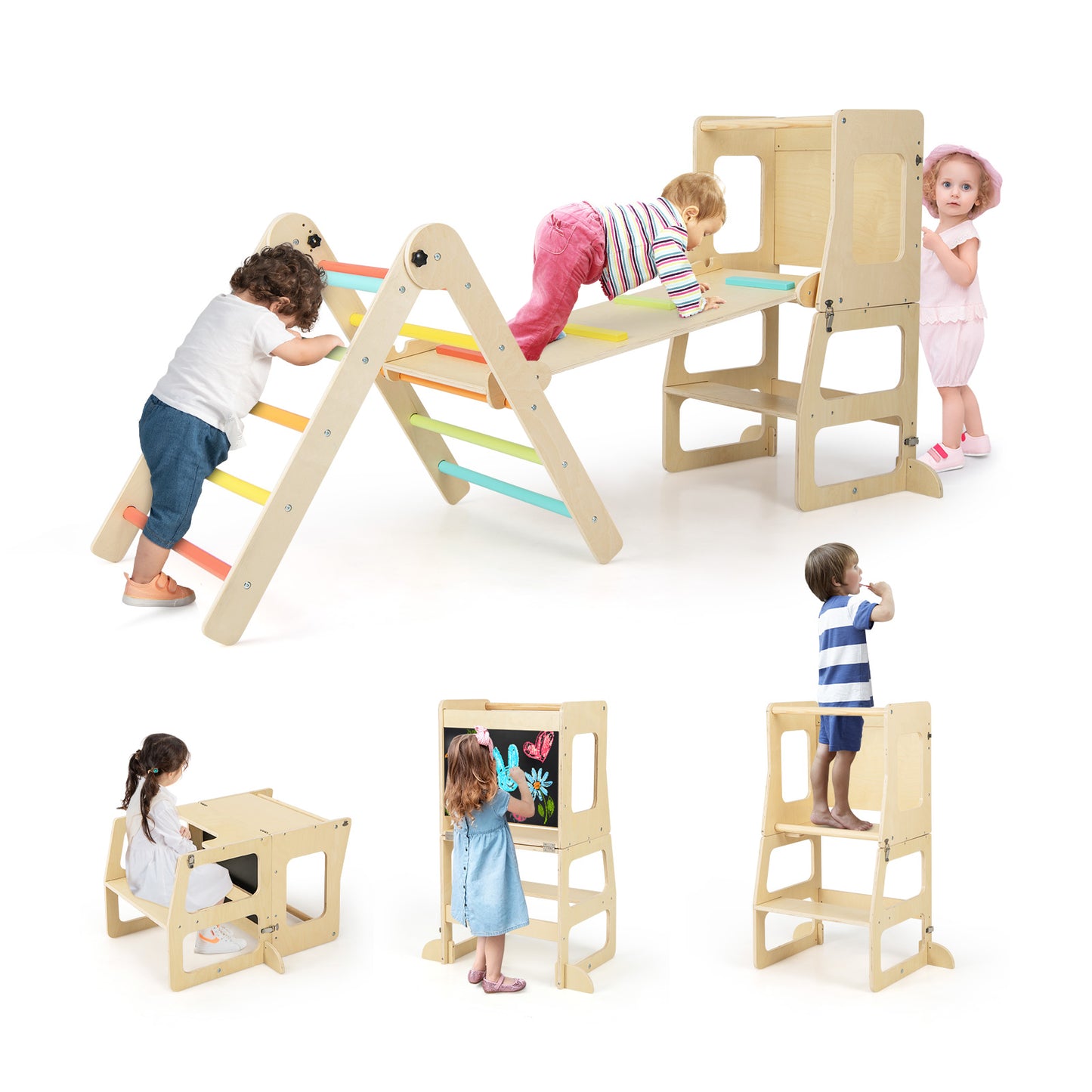 7-in-1 Toddler Climbing Toy Set Folding with Step Stool Ages 3-14 Years Old-Colourful