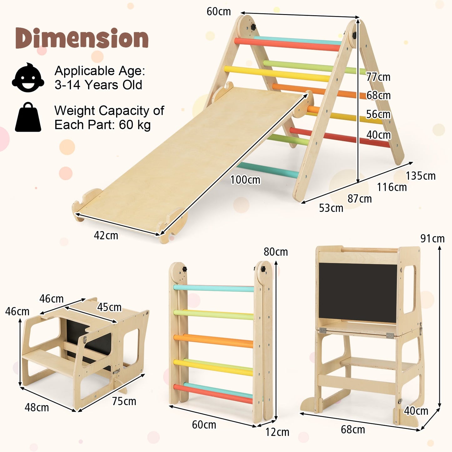 7-in-1 Toddler Climbing Toy Set Folding with Step Stool Ages 3-14 Years Old-Colourful