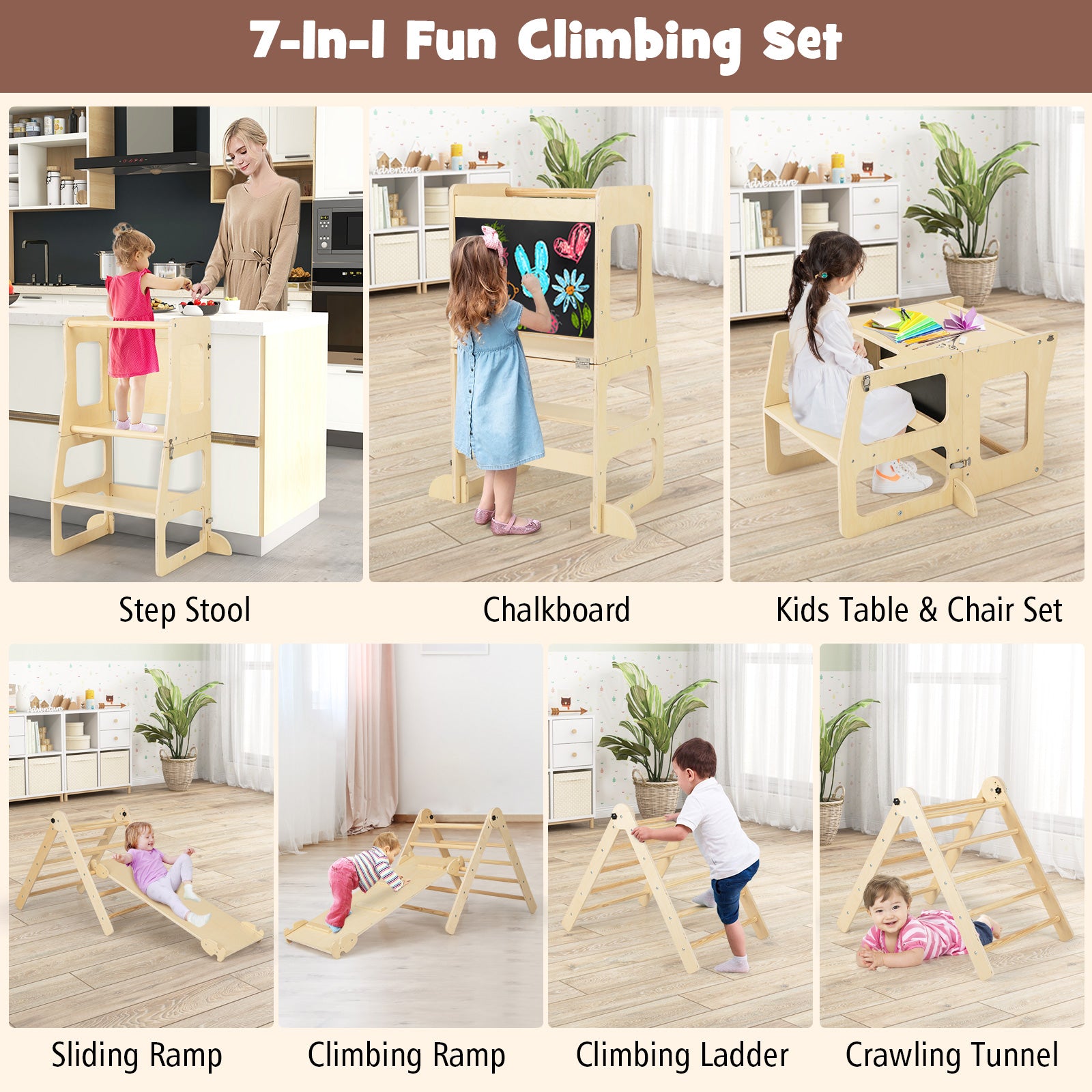 7-in-1 Toddler Climbing Toy Set Folding with Step Stool Ages 3-14 Years Old-Natural