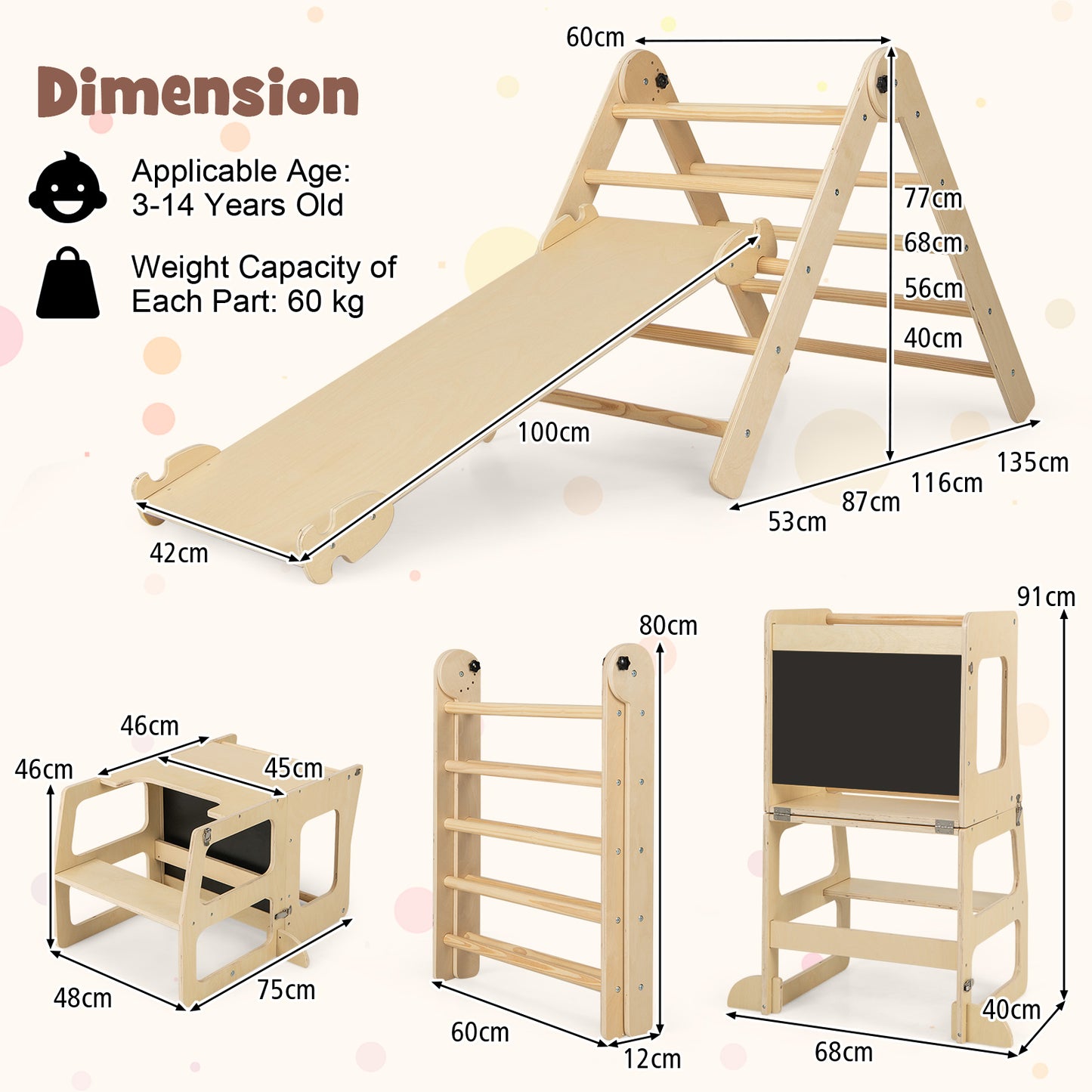 7-in-1 Toddler Climbing Toy Set Folding with Step Stool Ages 3-14 Years Old-Natural