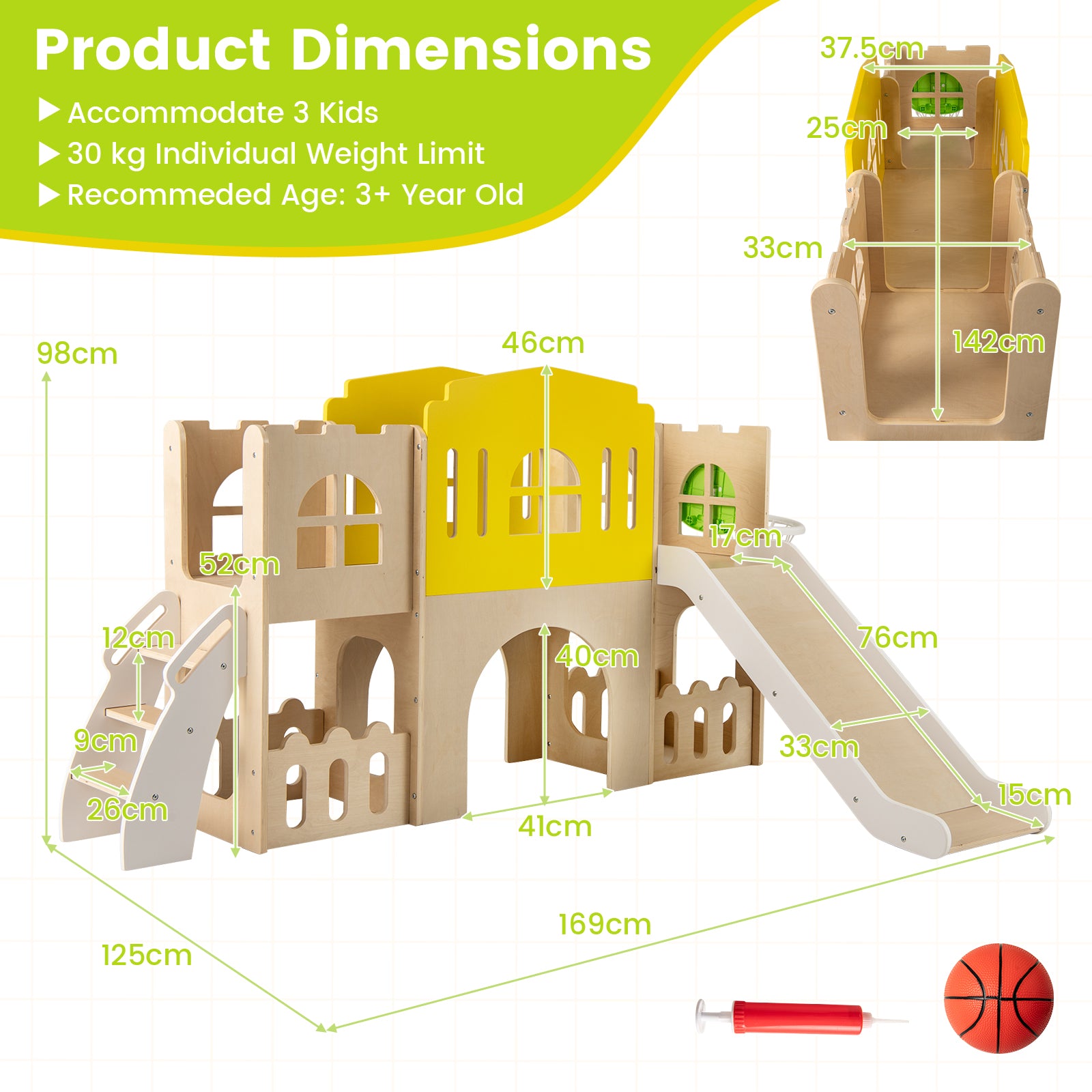 7-in-1 Toddler Slide Set with Ladder and Long Aisle Wooden Playground-Multicolor