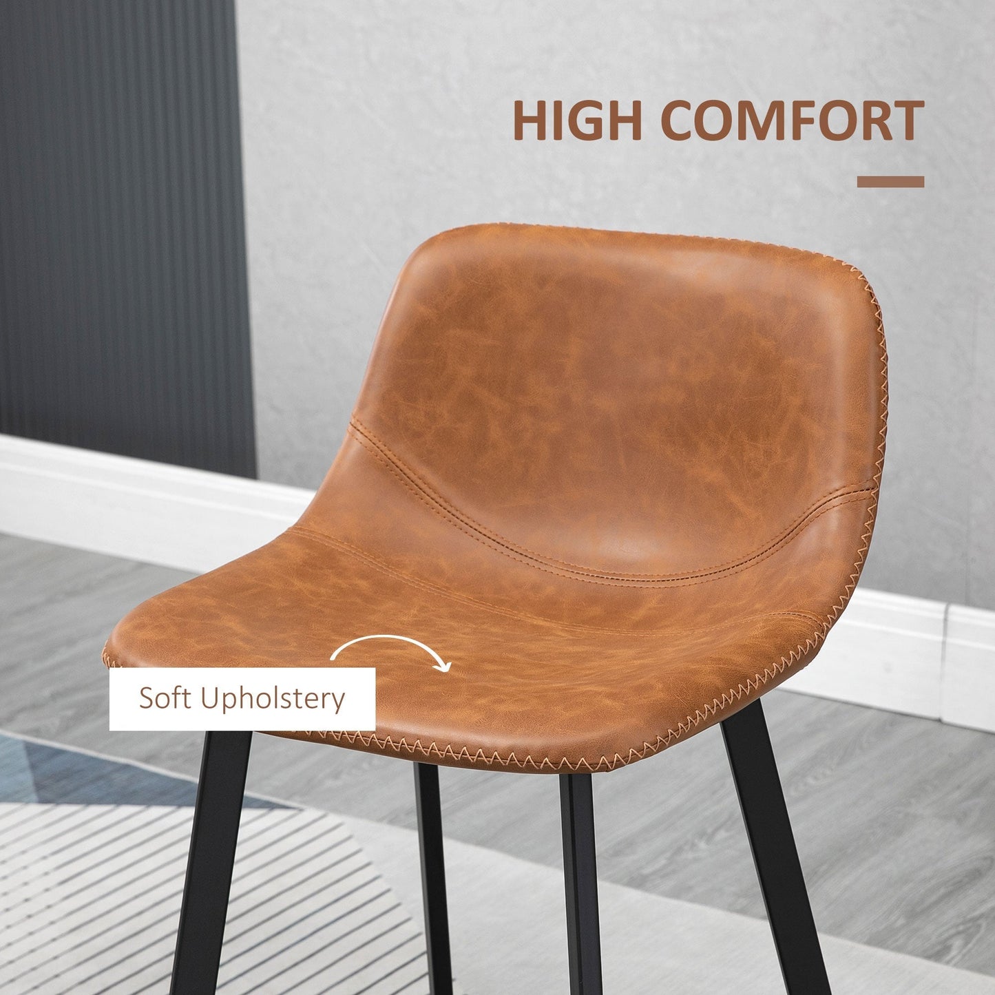 HOMCOM Bar Stools Set of 2, PU Leather Dining Stools with Backrest, Footrest, for Kitchen, Counter, Breakfast Bar, Brown