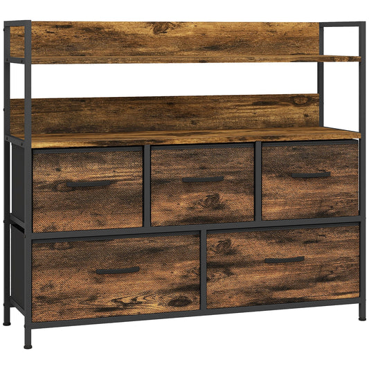 HOMCOM Rustic Chest of Five Fabric Drawers - Rustic Brown