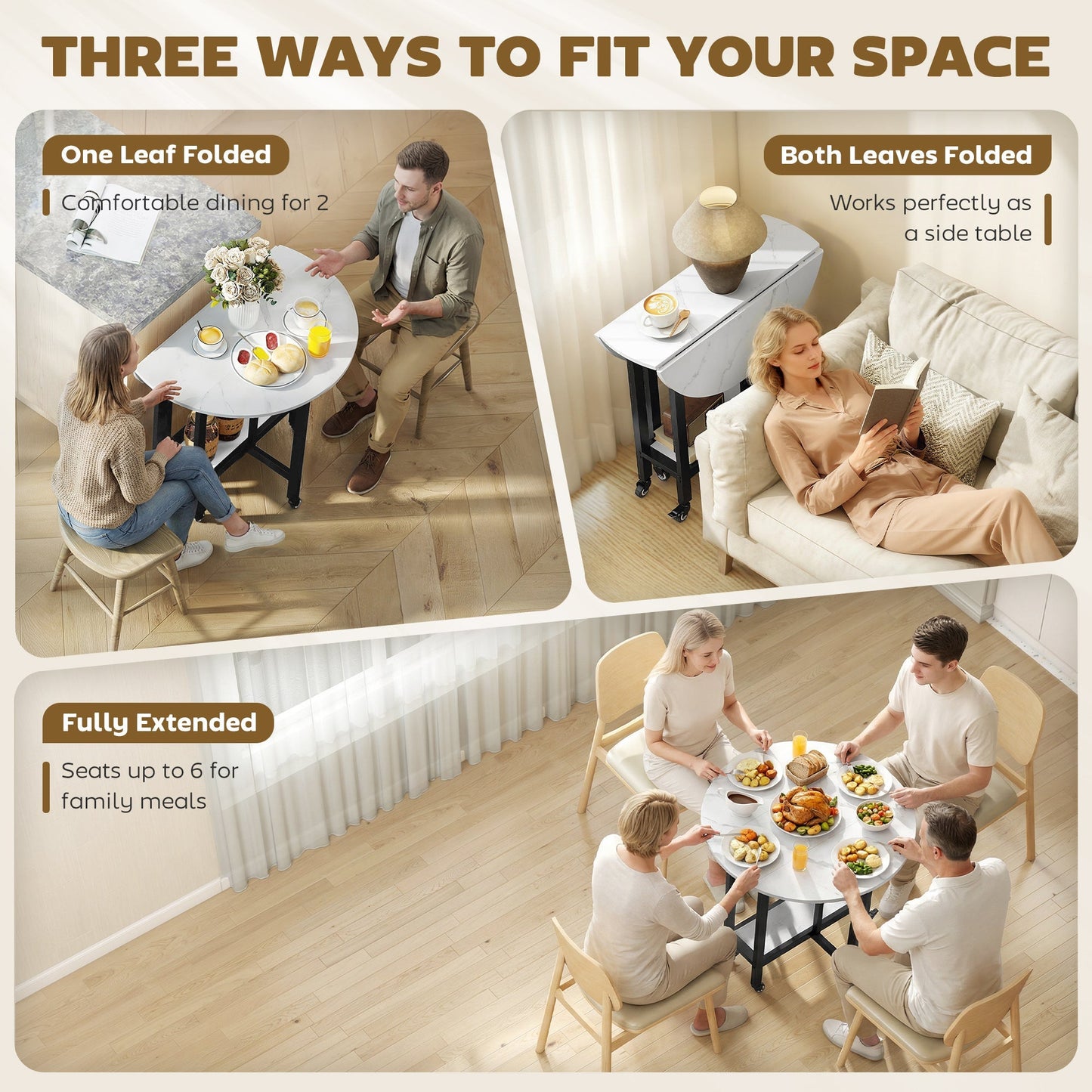 HOMCOM Folding Dining Table, Drop Leaf Table with Open Shelf, Rolling Kitchen Table for Dining Room, Small Spaces, White Marble