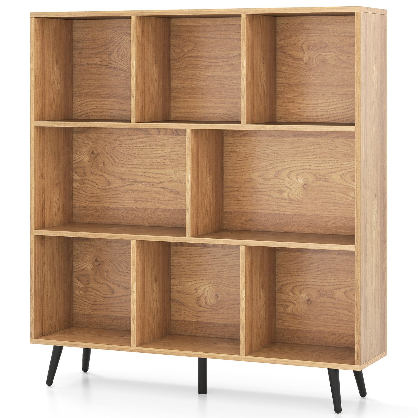 8-Cube Mid Century Modern Bookcase with 5 Tapered Metal Legs-Natural