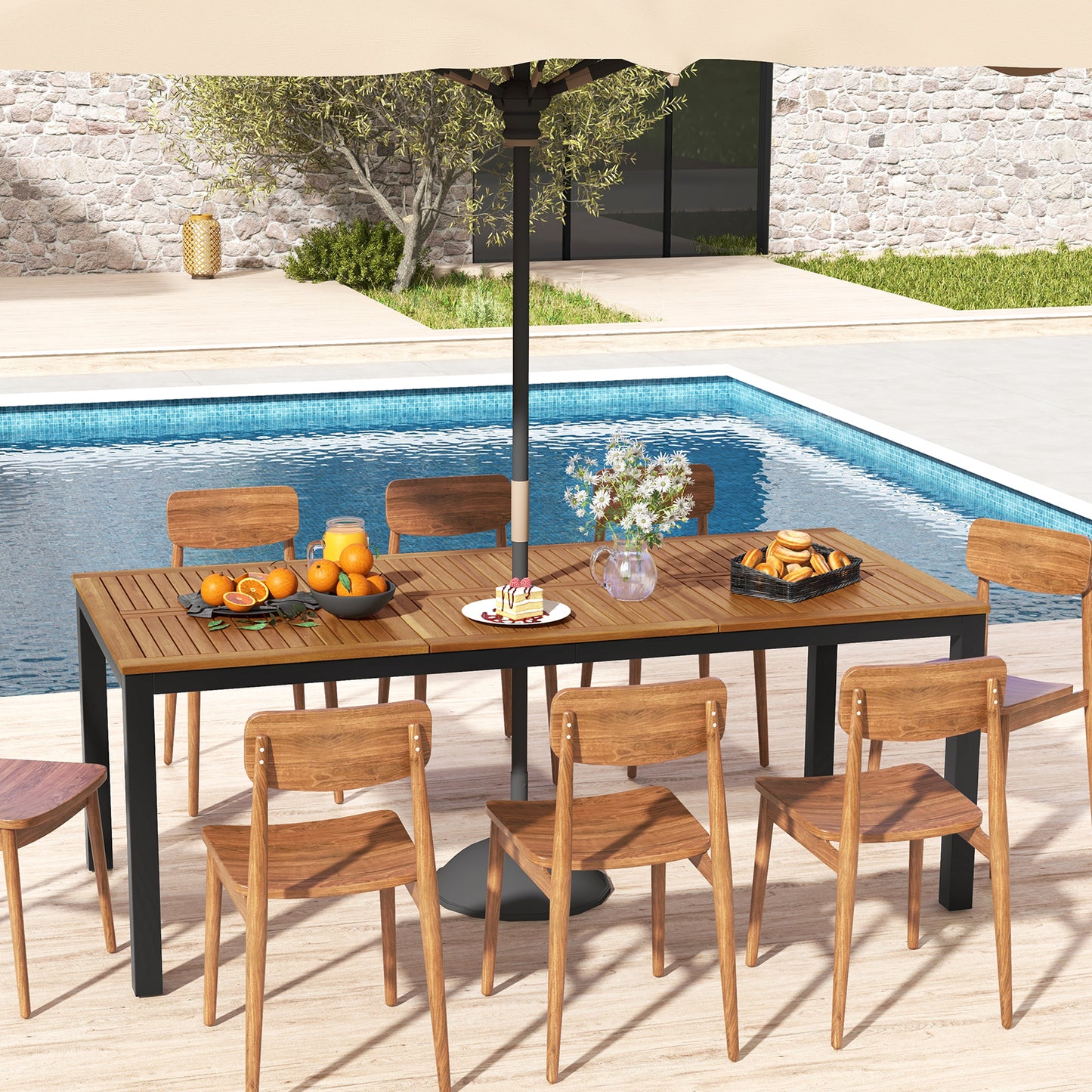 8-Person Outdoor Dining Table with Umbrella Hole for Garden Poolside