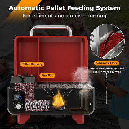 8-in-1 Portable Pellet Grill with Digital Control and Meat Probe for Backyard-Red