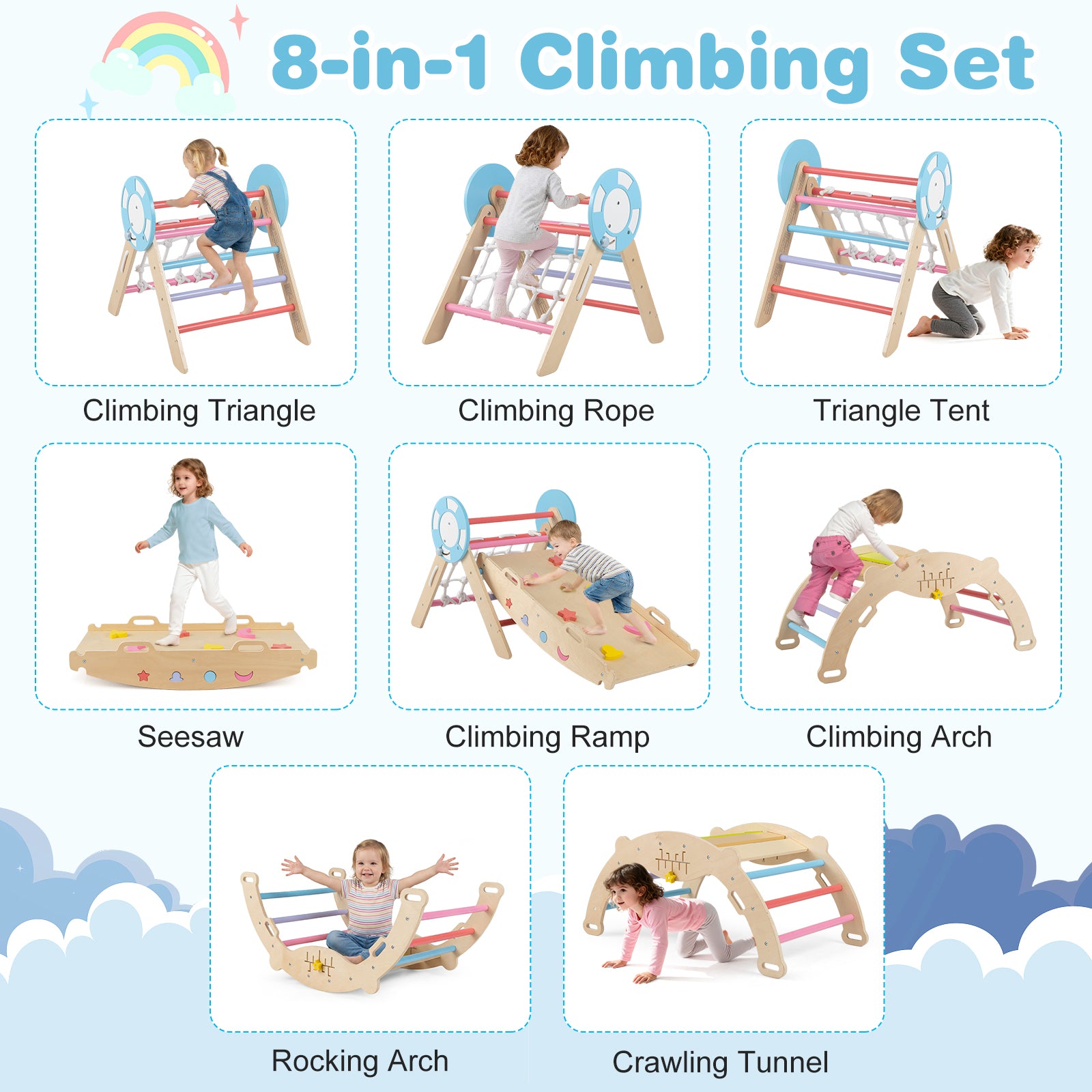 8-in-1 Wooden Triangle Set Foldable Montessori Climbing Toys-Macaron
