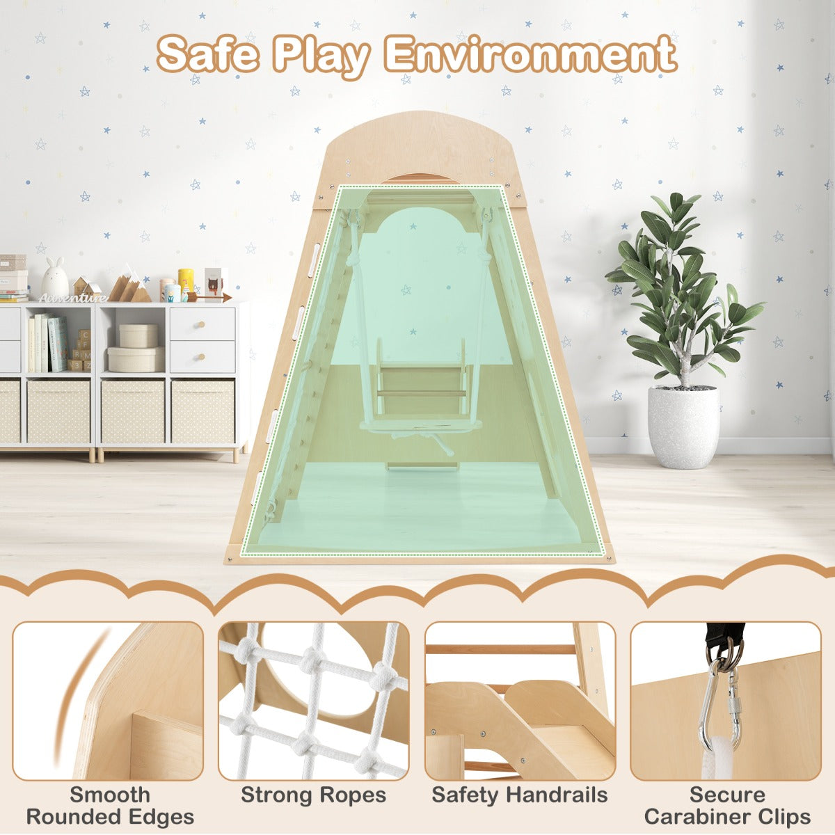 8-in-1 Indoor Jungle Gym Wooden Playground with Climbing Wall-Natural