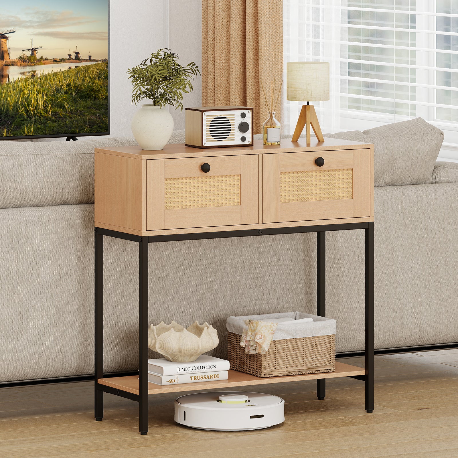 80 CM Boho Console Table with 2 Drawers and Bottom Shelf-Natural