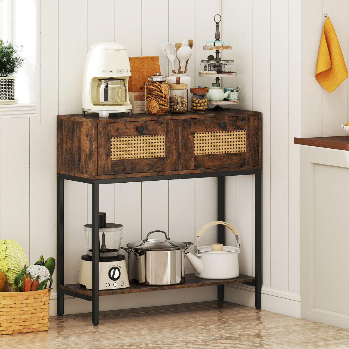 80 CM Boho Console Table with 2 Drawers and Bottom Shelf-Rustic Brown