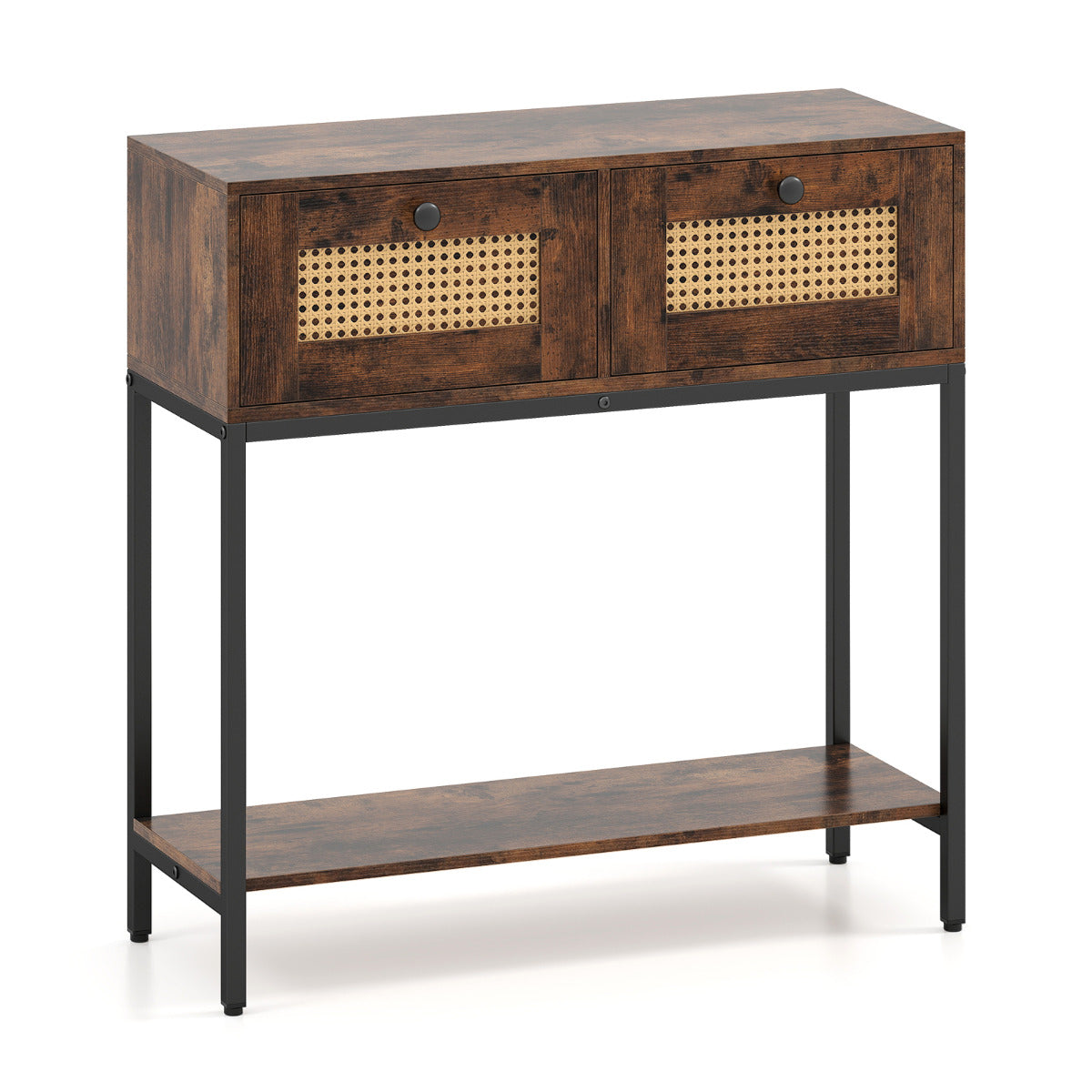 80 CM Boho Console Table with 2 Drawers and Bottom Shelf-Rustic Brown