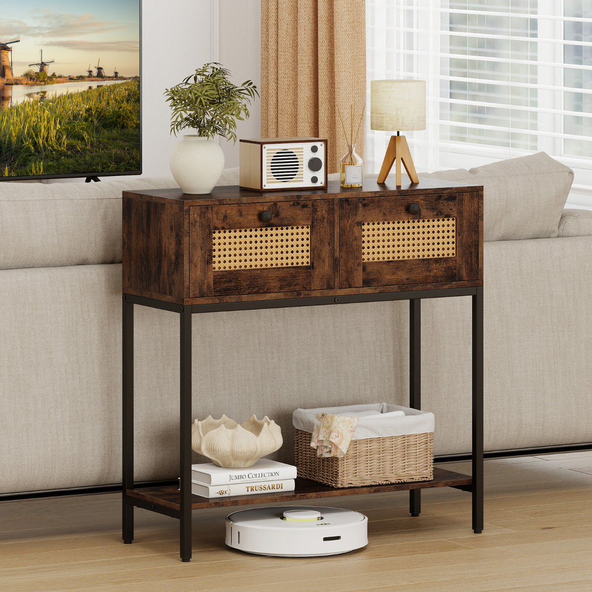 80 CM Boho Console Table with 2 Drawers and Bottom Shelf-Rustic Brown